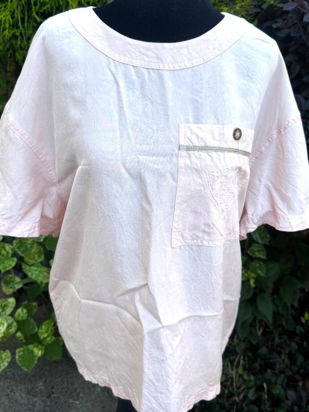 Vintage EP Easy/Silk Blouse L Minimalist Safari Embroidered Pocket Neutral Top